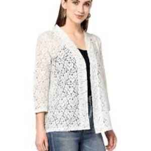 Toofan White Lace Cardigan Open Front Jacket delicate floral pattern